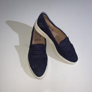 Anthropologie KMB Shoes Womens 37 Blue Suede Kipper Fringe Loafer Platform